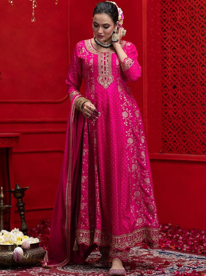 Dhiyona CH Women Ethnic Motifs Embroidered Panelled Thread Work Kurta with Trousers & With Dupatta