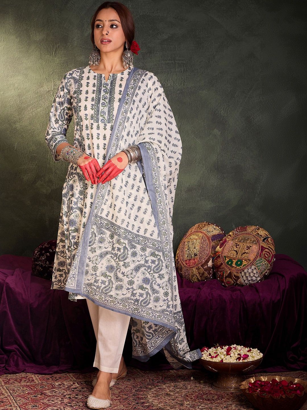 Women Ethnic Motifs Printed Panelled Pure Cotton Kurta with Trousers & With Dupatta