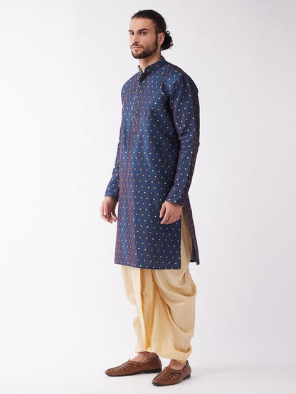 Men's Blue Silk Blend Straight Kurta and Dhoti Set