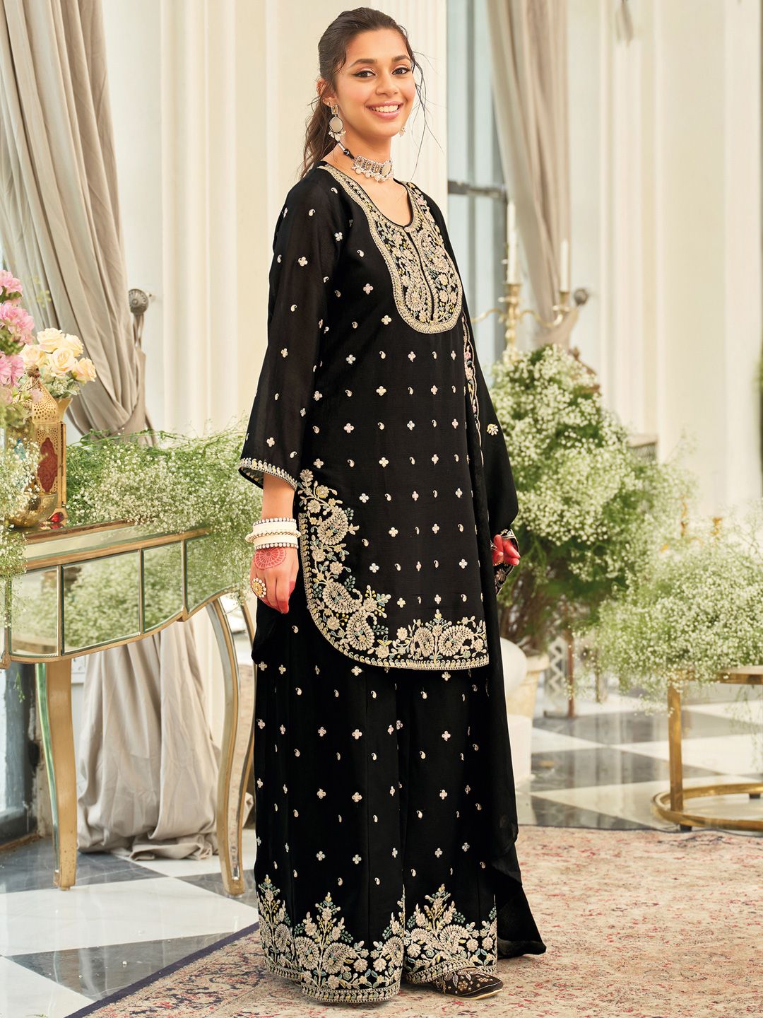 Paisley Embroidered Sequinned Straight Kurta With Palazzos & Dupatta