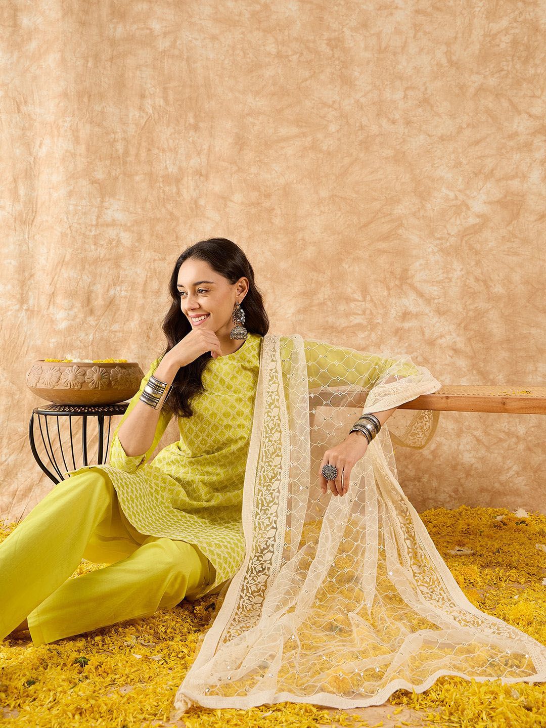 Embroidered Straight Sequinned Chanderi Cotton Kurta with Trousers & Dupatta