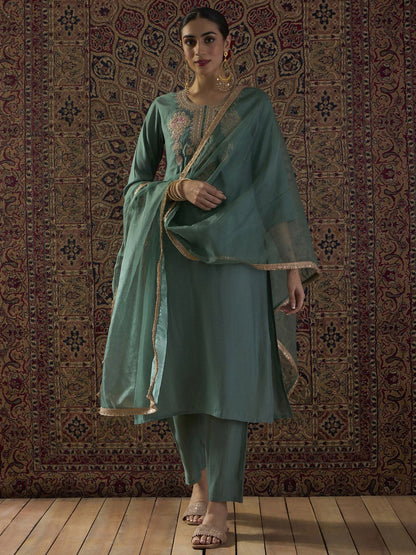 Ethnic Motifs Embroidered Thread Work Straight Kurta With Trousers & Dupatta