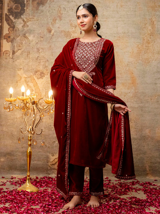 Dhiyona VV Women's Velvet Kurta Pant Dupatta Set