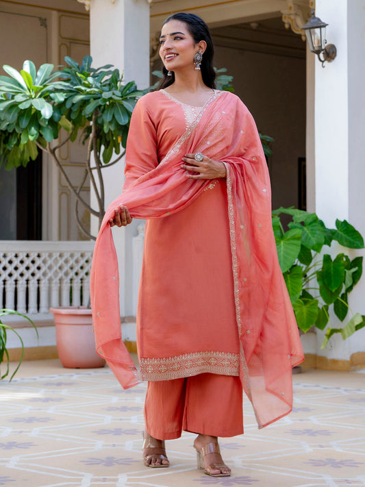 Dhiyona VV Women's Embroidered Silk Blend Calf Length Straight Kurta with Palazzo & Dupatta Set