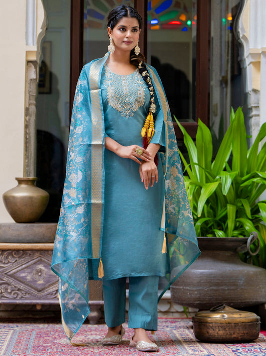 Dhiyona VV Women's Embroidered Silk Blend Calf Length Straight Kurta Trouser with Dupatta Set