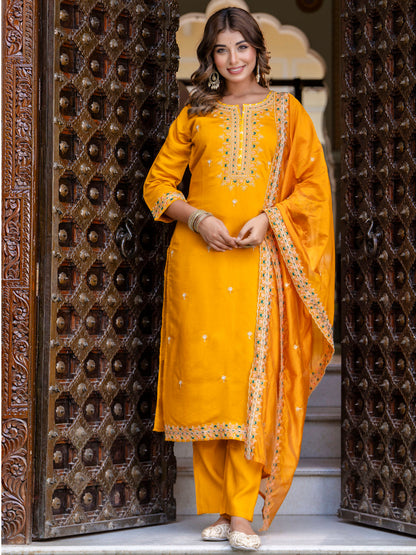 Dhiyona VV Women's Embroidered Silk Blend Calf Length Straight Kurta Trouser with Dupatta Set