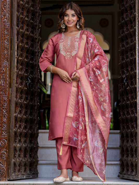 Dhiyona VV Women's Embroidered Silk Blend Calf Length Straight Kurta Trouser with Dupatta Set