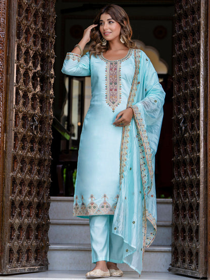 Dhiyona VV Women's Embroidered Silk Blend Calf Length Straight Kurta Trouser with Dupatta Set