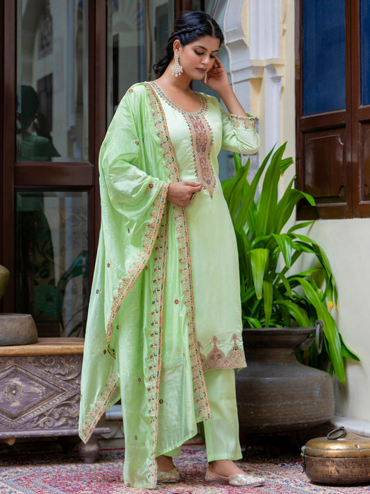 Dhiyona VV Women's Embroidered Silk Blend Calf Length Straight Kurta Trouser with Dupatta Set