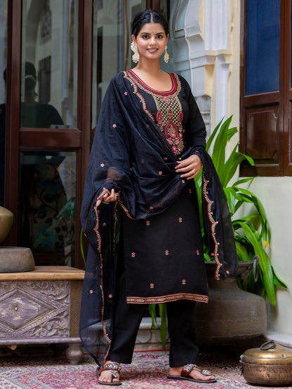 Dhiyona VV Women's Embroidered Silk Blend Calf Length Straight Kurta Trouser with Dupatta Set