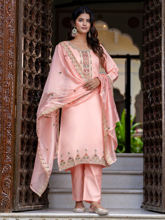 Dhiyona VV Women's Embroidered Silk Blend Calf Length Straight Kurta Trouser with Dupatta Set