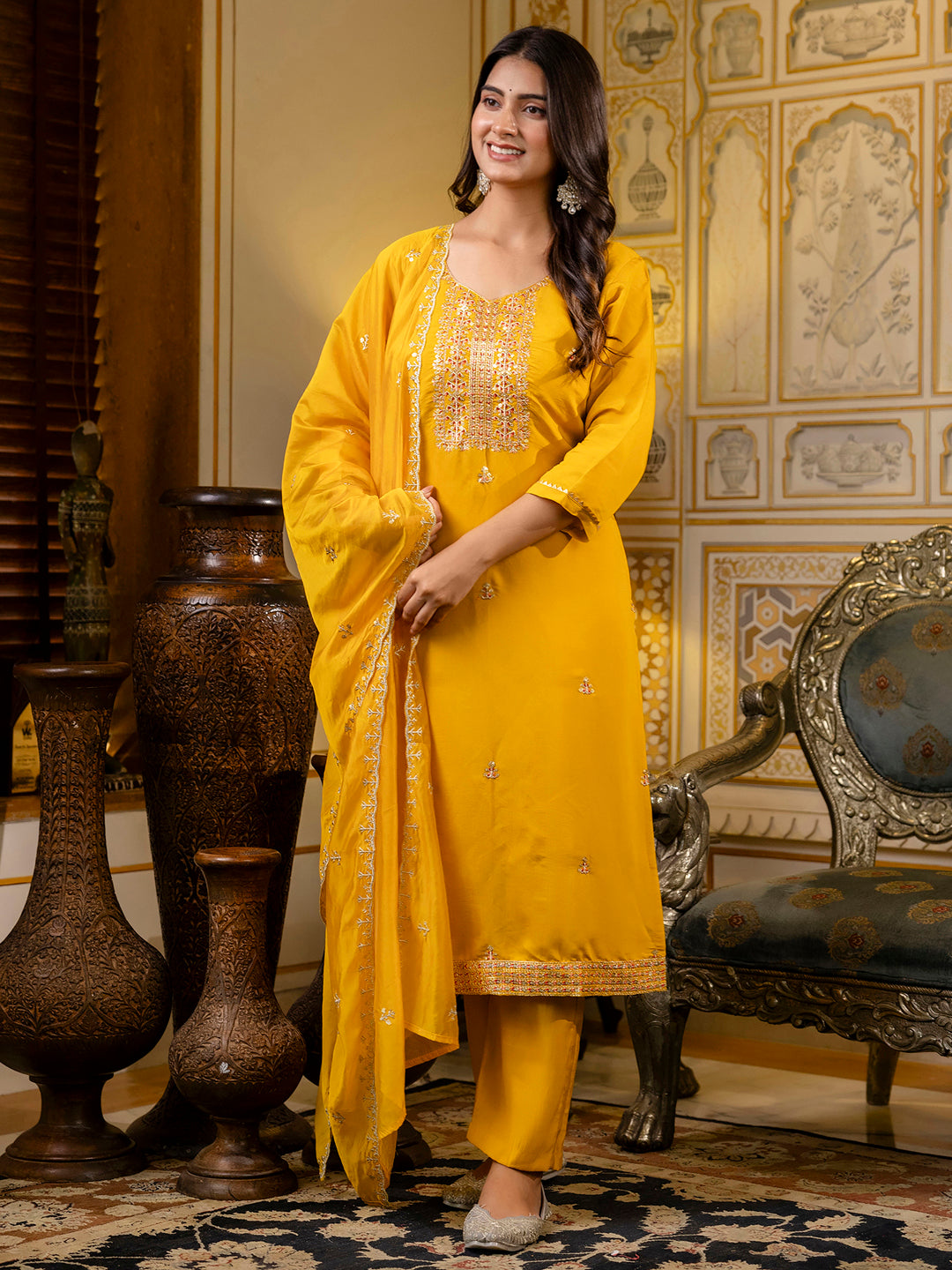 Dhiyona VV Women's Embroidered Silk Blend Calf Length Straight Kurta with Palazzo & Dupatta Set