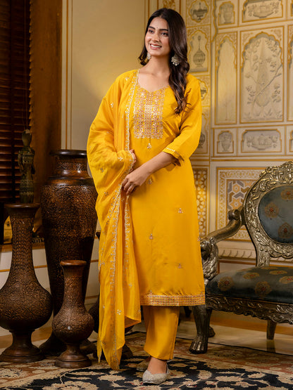 Dhiyona VV Women's Embroidered Silk Blend Calf Length Straight Kurta with Palazzo & Dupatta Set
