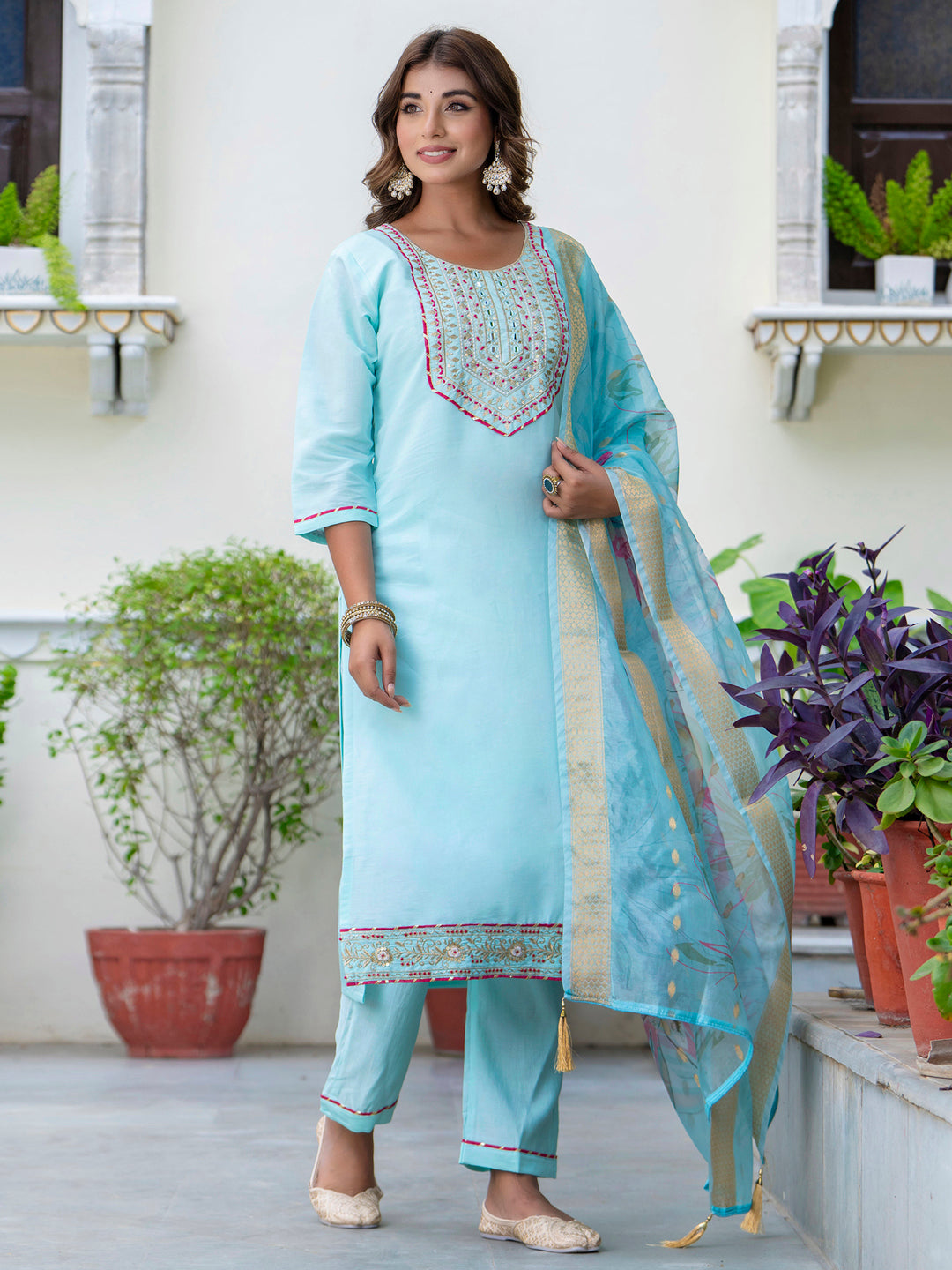 Dhiyona VV Women's Embroidered Silk Blend Calf Length Straight Kurta Trouser with Dupatta Set