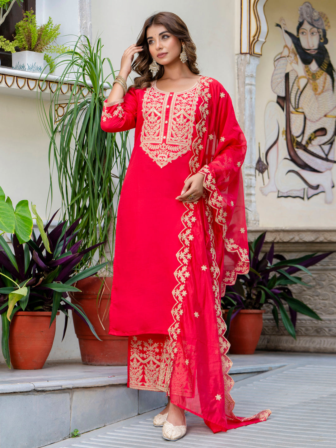 Dhiyona VV Women's Embroidered Silk Blend Calf Length Straight Kurta with Palazzo & Dupatta Set