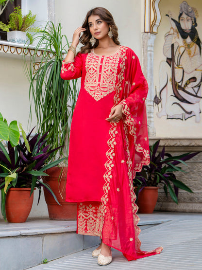 Dhiyona VV Women's Embroidered Silk Blend Calf Length Straight Kurta with Palazzo & Dupatta Set
