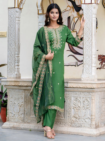 Dhiyona VV Women's Embroidered Silk Blend Calf Length Straight Kurta Trouser with Dupatta Set