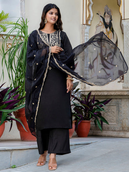 Dhiyona VV Women's Embroidered Silk Blend Calf Length Straight Kurta with Palazzo & Dupatta Set