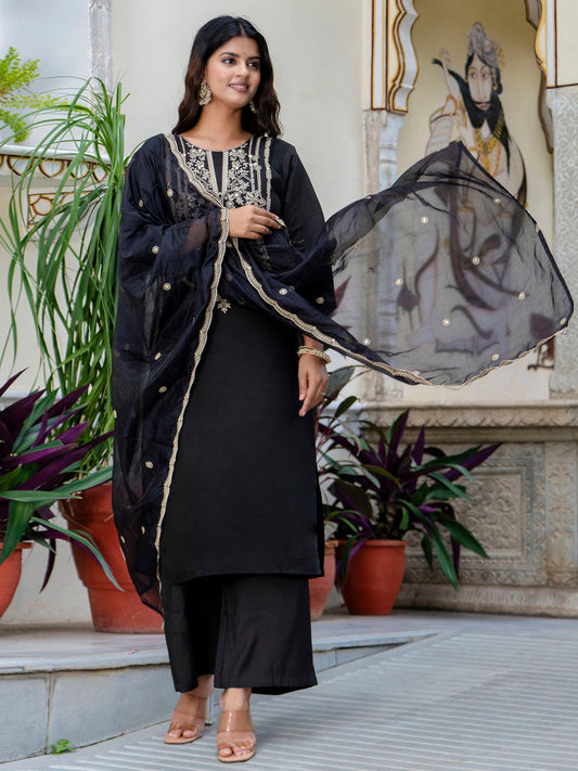 Dhiyona VV Women's Embroidered Silk Blend Calf Length Straight Kurta with Palazzo & Dupatta Set