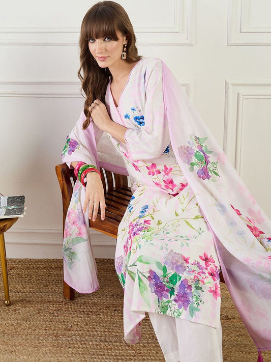 Women Floral Printed Linen Kurta with Trousers & Dupatta