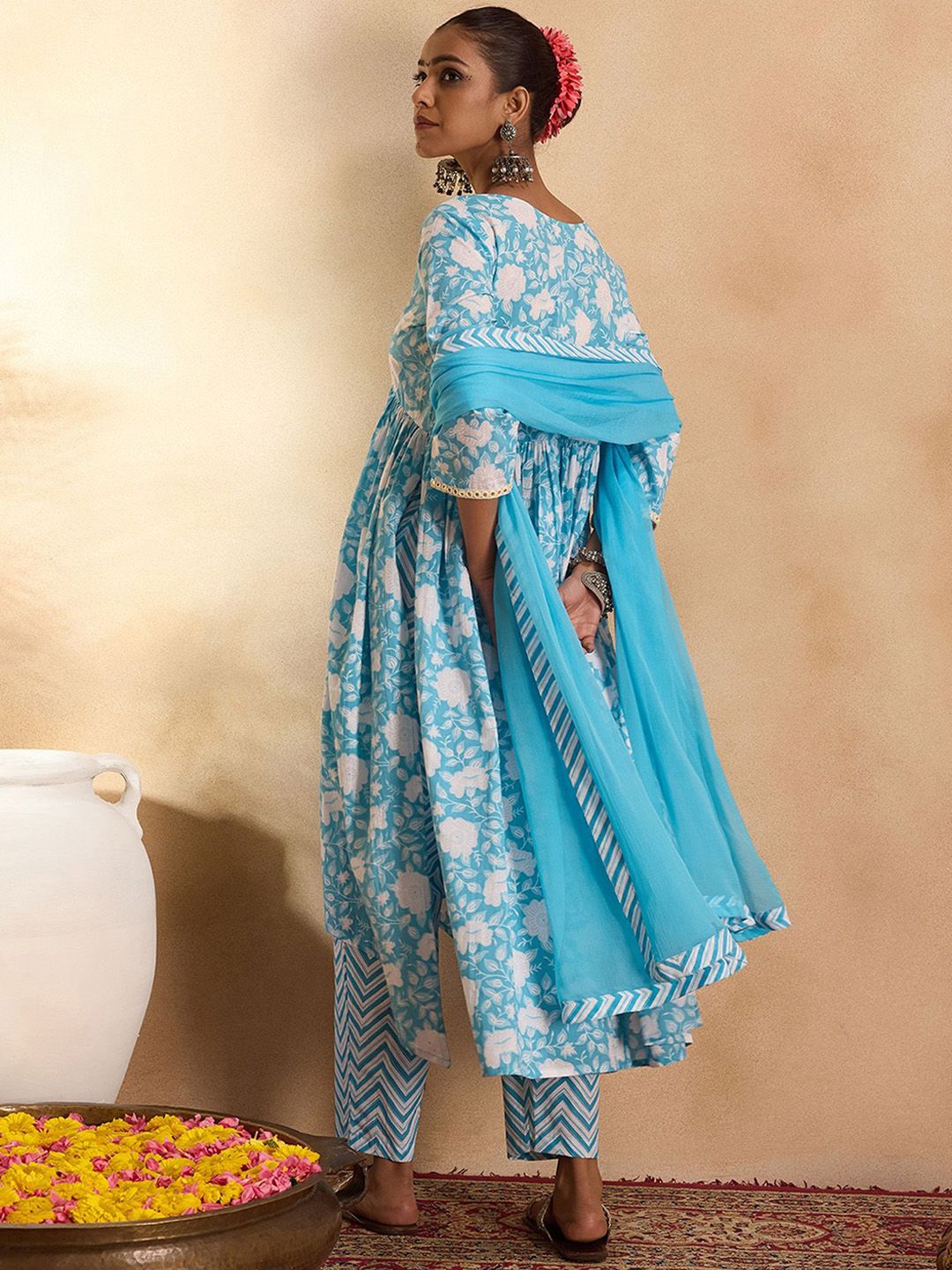 Floral Printed Empire Mirror Work Pure Cotton Kurta with Trousers & With Dupatta