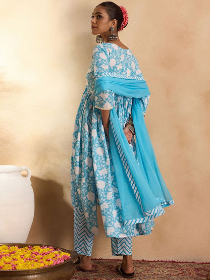 Floral Printed Empire Mirror Work Pure Cotton Kurta with Trousers & With Dupatta