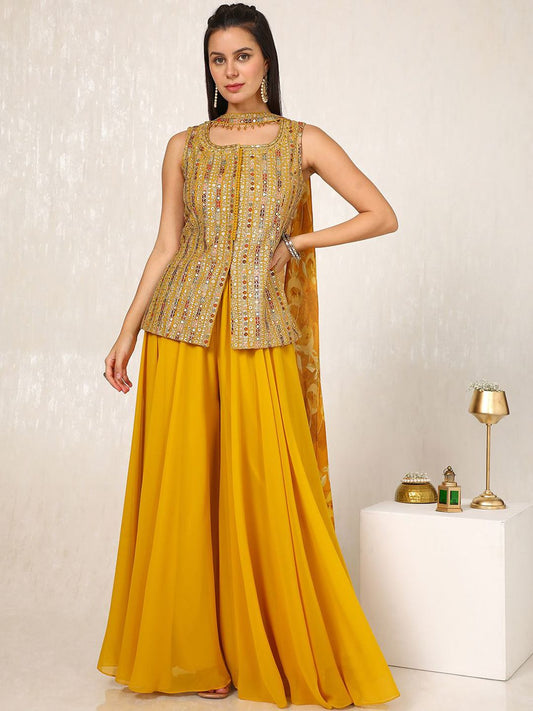 Dhiyona SO Women's Alina Cut Ethnic Motifs Embroidered Sequinned Kurti with Palazzos & With Dupatta