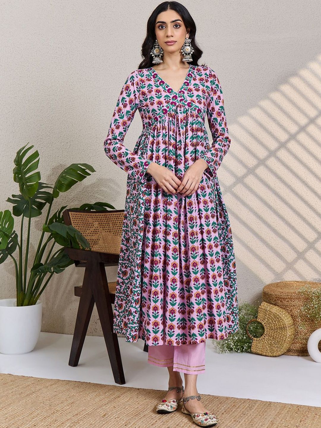 Women Floral Printed Empire Pure Cotton Kurta with Trousers & With Dupatta