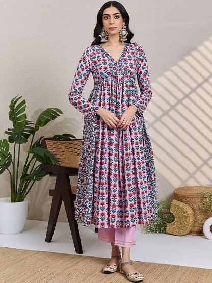 Women Floral Printed Empire Pure Cotton Kurta with Trousers & With Dupatta