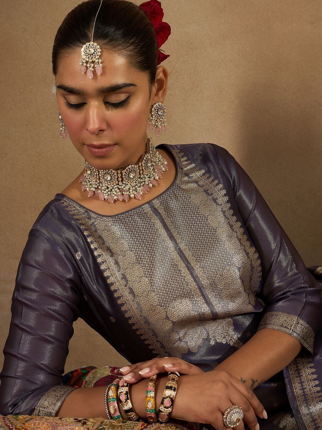 Women Ethnic Motifs Woven Design Kurta with Trousers & With Dupatta