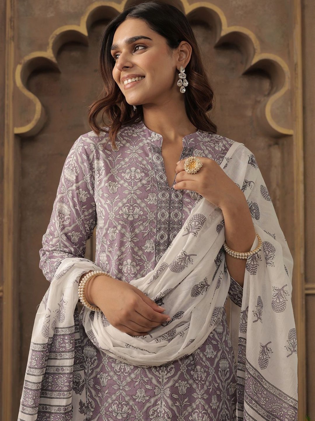 Floral Printed Pure Cotton Mandarin Collar Straight Kurta With Trousers & Dupatta