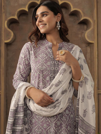 Floral Printed Pure Cotton Mandarin Collar Straight Kurta With Trousers & Dupatta