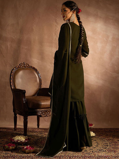 Dhiyona IE Ethnic Motifs Embroidered Sequinned Straight Kurta With Sharara & Dupatta