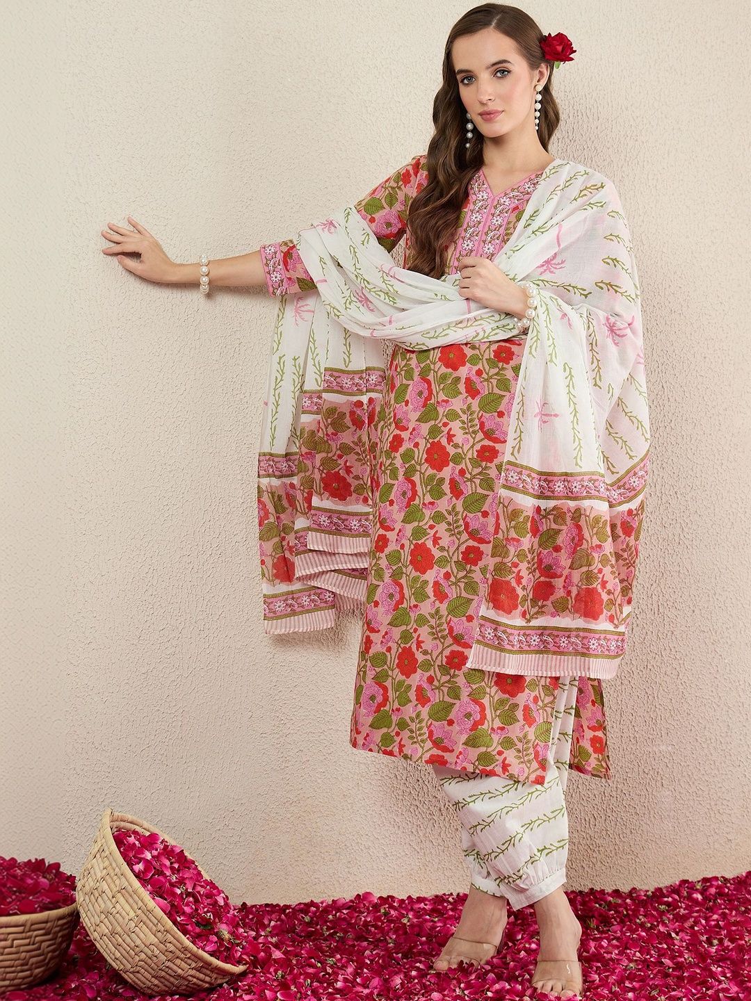 Women Floral Printed Regular Thread Work Pure Cotton Kurta with Salwar & With Dupatta