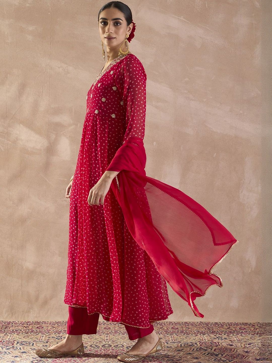 Ethnic Motifs Printed Georgette Anarkali Kurta With Trousers & Dupatta