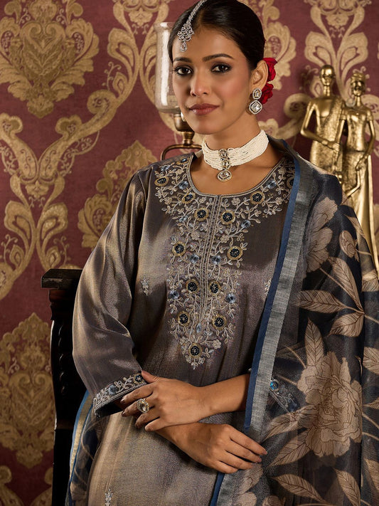 Dhiyona IE Floral Embroidered Zari Liva Kurta With Trousers & Dupatta