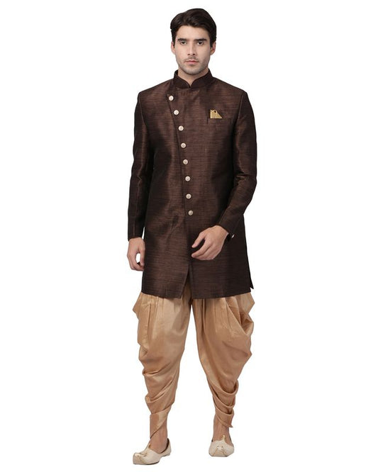 Men's Brown Silk Blend Straight Sherwani Set