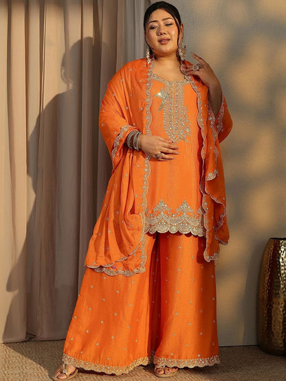 Dhiyona Women's Plus Size Ethnic Motifs Embroidered Kurta with Palazzo & Dupatta