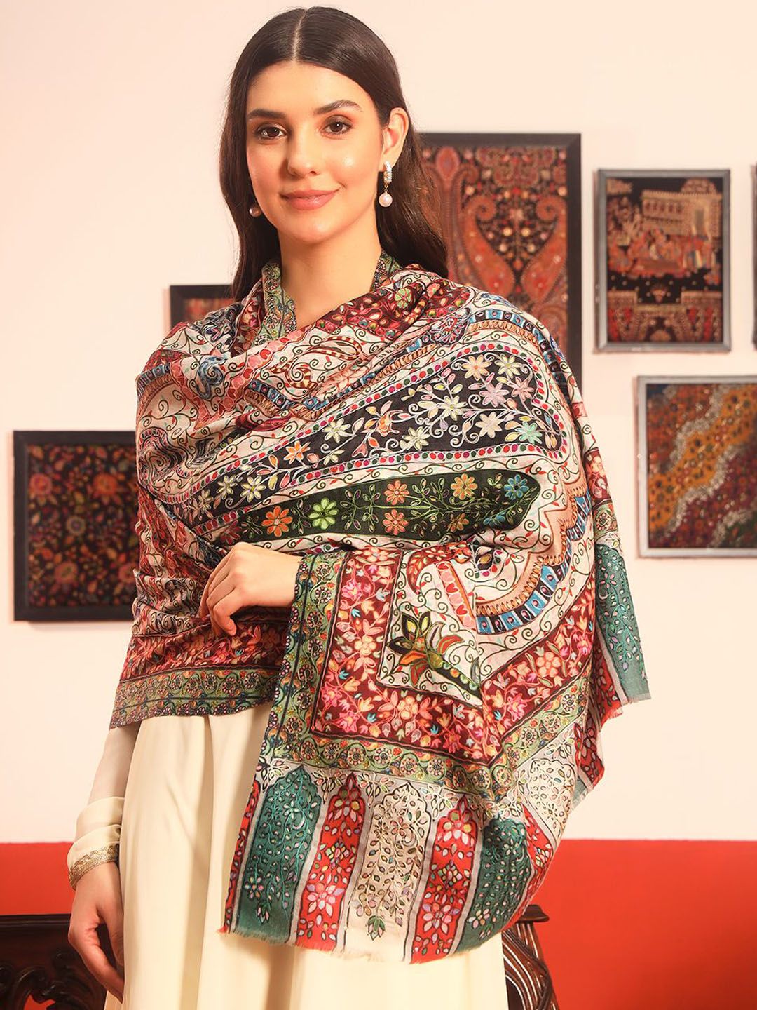 Dhiyona PA Paisley Kalamkari Printed Woollen & Silk Shawl