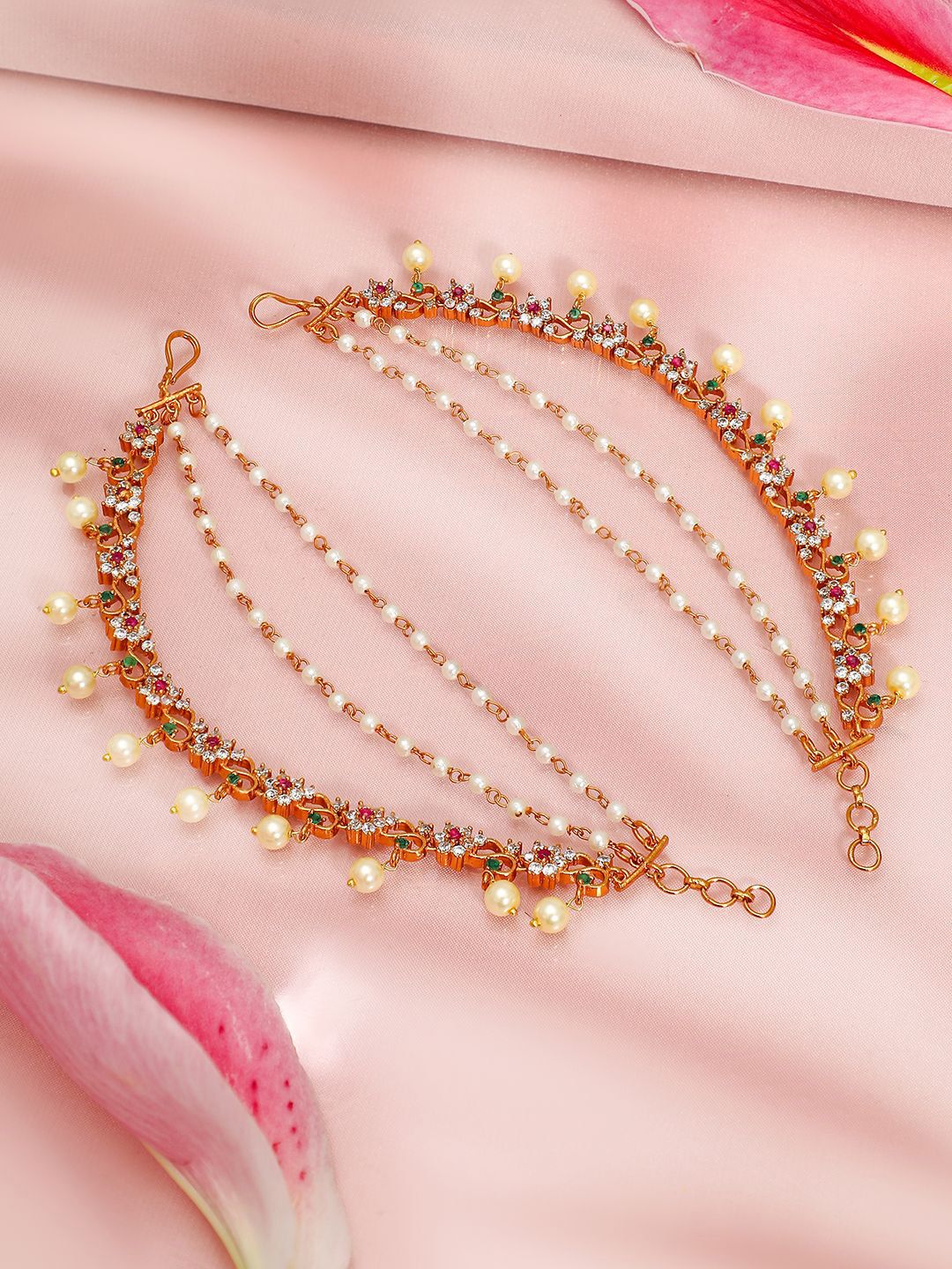 Dhiyona RJ Women's 22K Gold-Plated Ruby & Green Stone Studded Pearl Beaded Layered Ear Chain