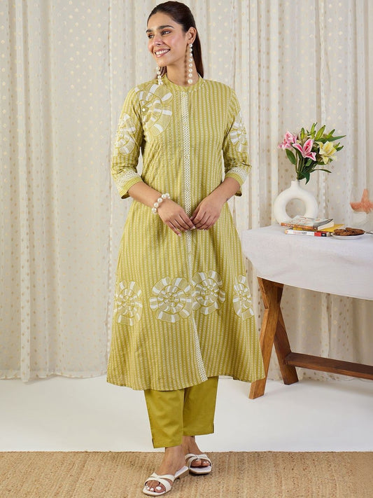 Dhiyona IE Printed Pure Cotton Mandarin Collar Neck Top With Trousers Co-Ords