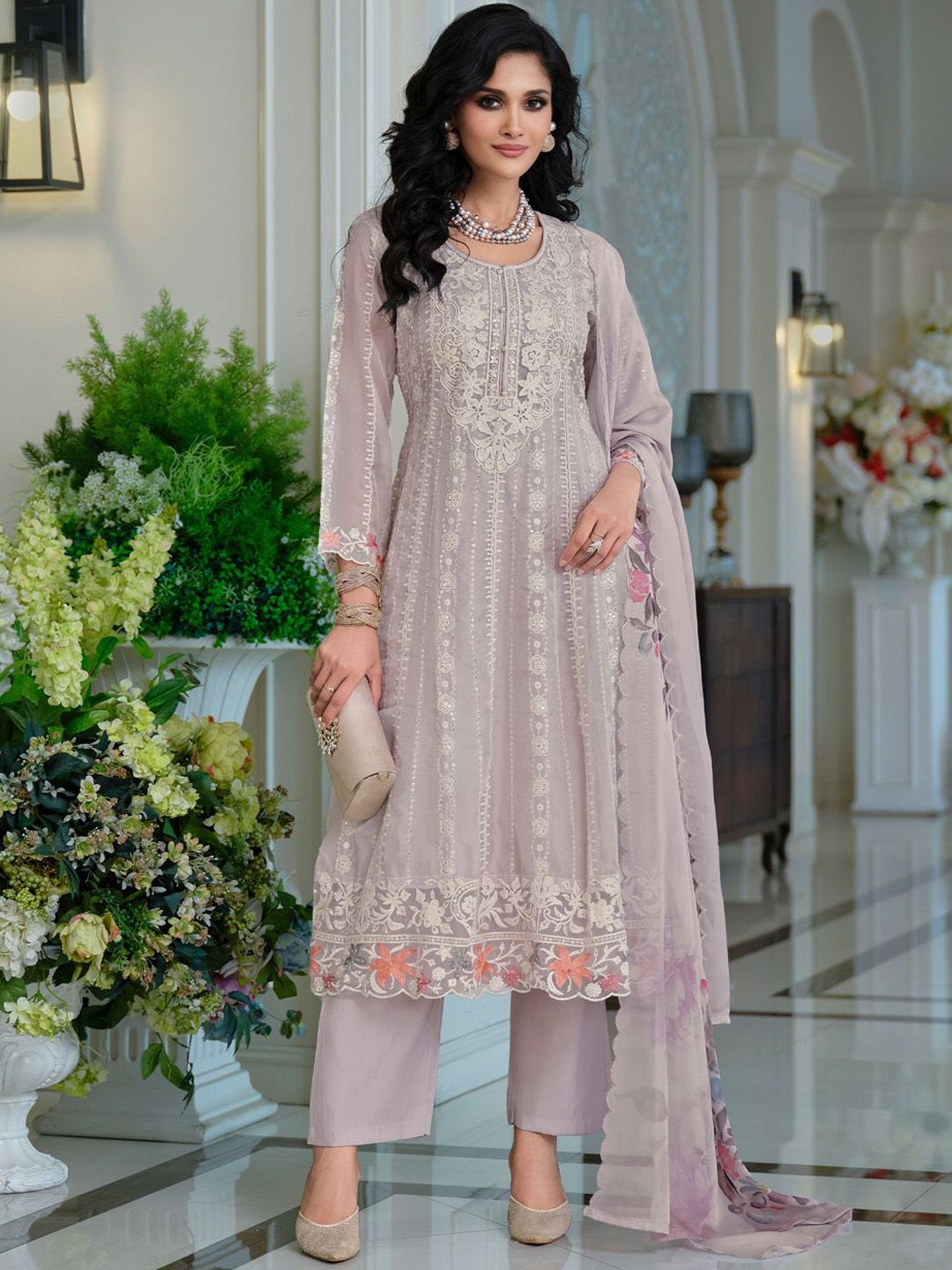 Adults-Women Woven Design Embroidered Anarkali Kurta with Trousers & Dupatta