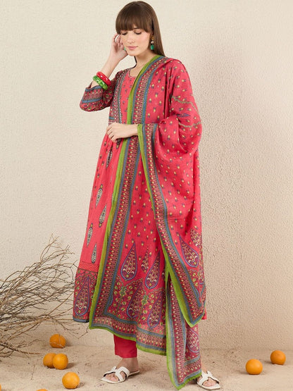 Women Ethnic Motifs Printed Panelled Pure Cotton Kurta with Trousers & With Dupatta