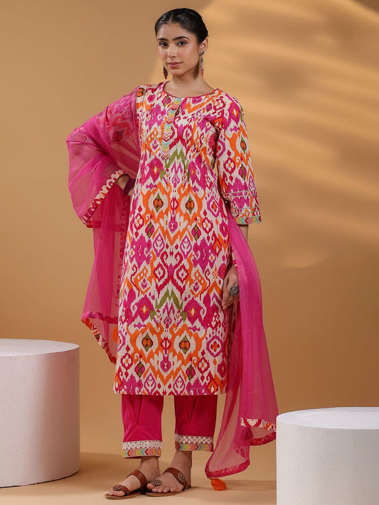 Dhiyona RR Women's Ethnic Motifs Printed Pure Cotton Straigt Kurta With Trousers & Dupatta