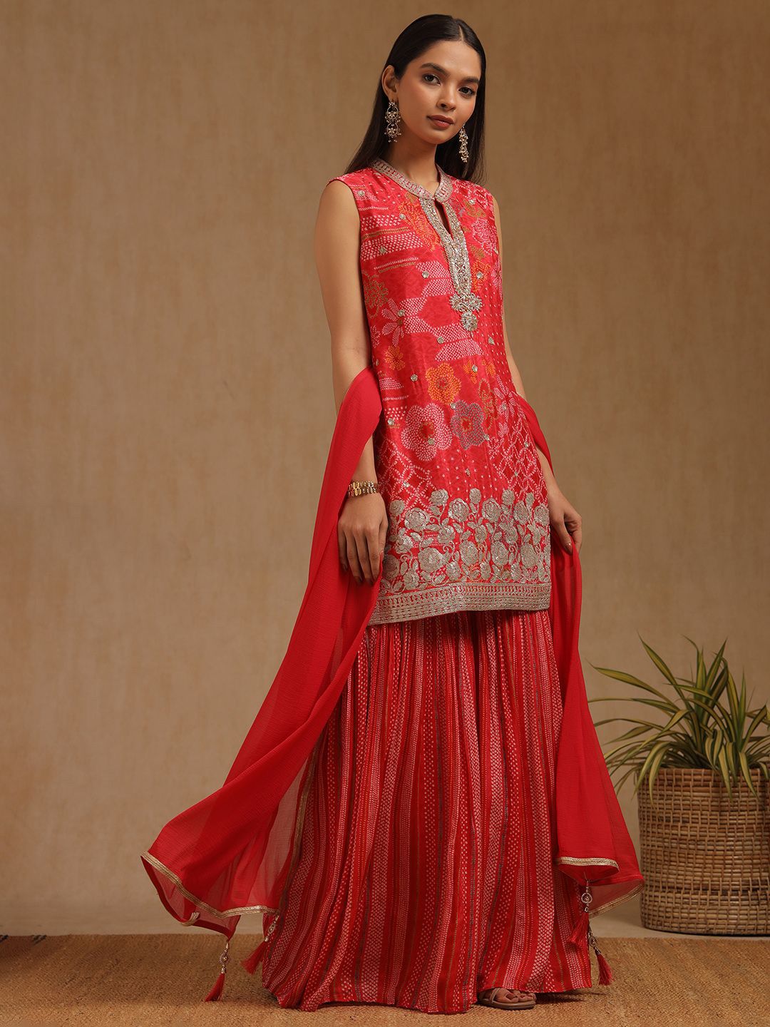 Dhiyona SO Women's Women Bandhani Printed Zardozi Sleeveless Straight Kurta with Sharara & Dupatta