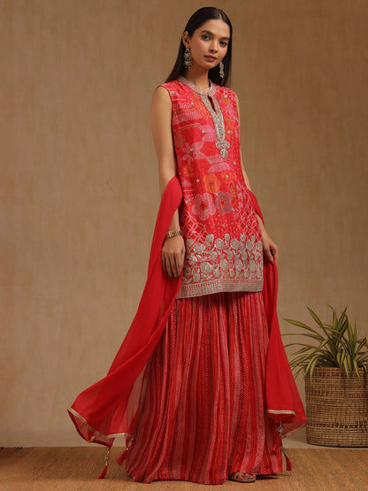 Dhiyona SO Women's Women Bandhani Printed Zardozi Sleeveless Straight Kurta with Sharara & Dupatta