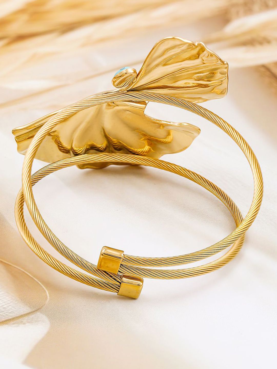 Dhiyona RJ Women's 22K Gold-Plated Free Size Leaf Design Cuff Bracelet with Turquoise Accent