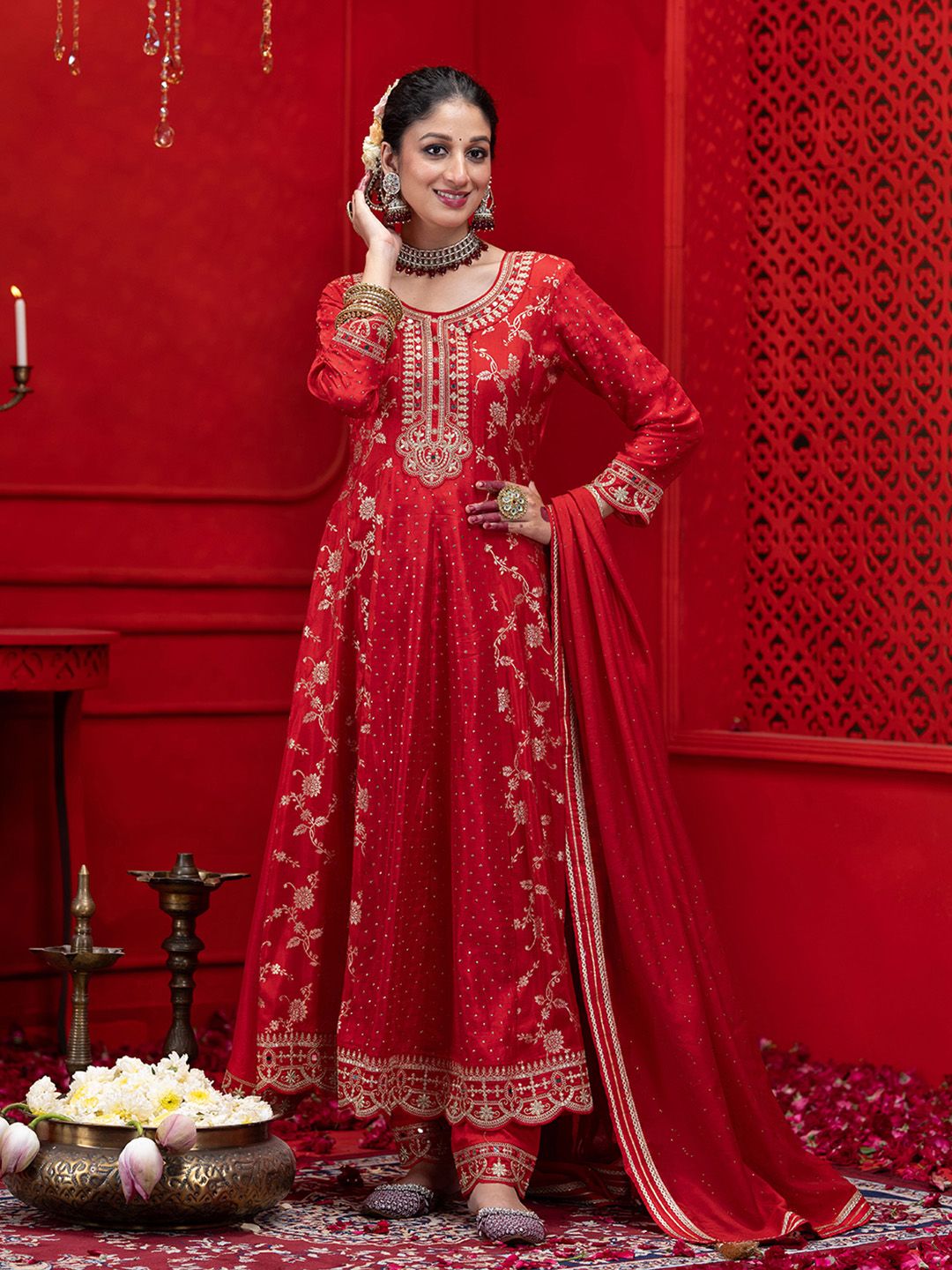 Dhiyona CH Floral Embroidered Panelled Anarkali Kurta with Trousers & Dupatta