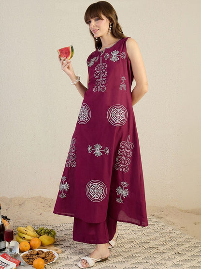Women Ethnic Motifs Embroidered Regular Thread Work Pure Cotton Kurta with Palazzos