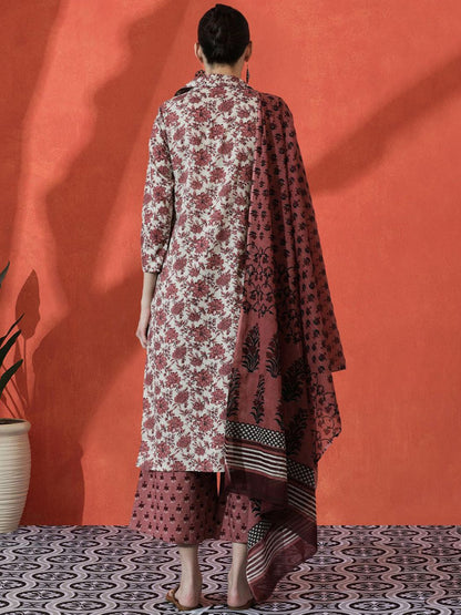 Dhiyona SN Women's Floral Printed Pure Cotton Straight Kurta With Trousers & Dupatta